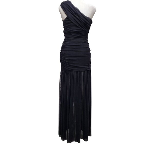 One-Shoulder Black Ruched Evening Gown With Sheer Skirt Size S - Picture 7 of 9